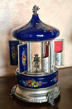 Swiss REUGE Lipstick Carousel Music box, vintage, flowers, Doctor Zivago, blue