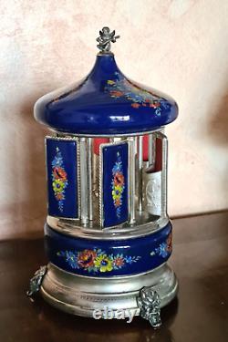 Swiss REUGE Lipstick Carousel Music box, vintage, flowers, Doctor Zivago, blue
