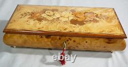 Swiss Reuge 11 Burl Wood Music Box with Key Switzerland Excellent