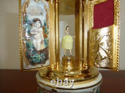 Swiss Reuge Dancing Ballerina Music Box Carousel Holder Gold Leaf/Porcelain Case