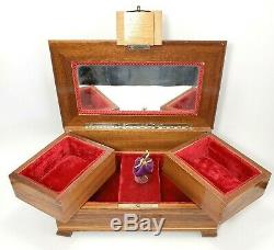 Swiss Reuge Dancing Ballerina Music Box Jewelry Wood Inlay Case Vintage W Key