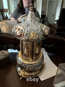 Swiss Reuge Music Box Carousel Holder Gold Leaf/Porcelain Case