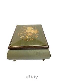 Swiss Reuge Music Box Lacquered Inlay Florals Sage Green Light Wood Rectangular