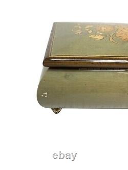 Swiss Reuge Music Box Lacquered Inlay Florals Sage Green Light Wood Rectangular