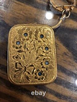 Swiss Reuge Ste Croix music box pendant Key Chain Works Floral Rhinestones Blue