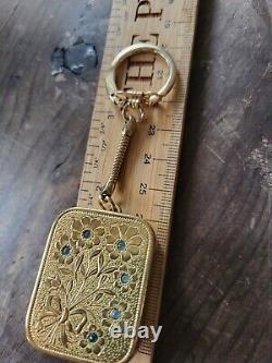 Swiss Reuge Ste Croix music box pendant Key Chain Works Floral Rhinestones Blue