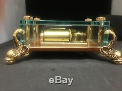 Swiss Reuge brass Musical box Dolphin legs, glass 2/50 movement note