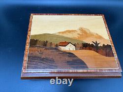 Switzerland Reuge Musical Jewelry Box, Inlaid Wood Mountain Scene