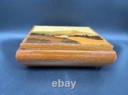 Switzerland Reuge Musical Jewelry Box, Inlaid Wood Mountain Scene