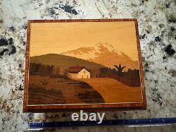 Switzerland Reuge Musical Jewelry Box, Inlaid Wood Mountain Scene