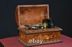 THORENS wind up metal disc music box burrowed wood with musical mandolin inlays