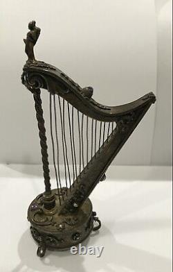 VERY RARE Antique Austrian Harp Shaped Gilt Silver Jeweled Music Box Reuge