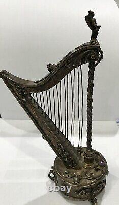 VERY RARE Antique Austrian Harp Shaped Gilt Silver Jeweled Music Box Reuge