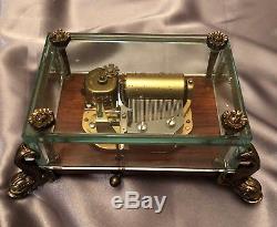 VINTAGE REUGE BEVELED GLASS MUSIC BOX with Dolphin Feet