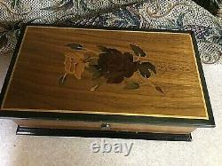 VINTAGE REUGE MUSIC BOX 4/50 SOLID HARDWOOD WithROSE INLAYS RICH TONE 4 SONGS
