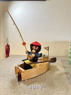 VINTAGE STEINBACH FISHERMAN w REUGE Wind Up OVER THE WAVES S767 ANGLER IN BOAT