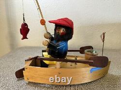 VINTAGE STEINBACH FISHERMAN w REUGE Wind Up OVER THE WAVES S767 ANGLER IN BOAT