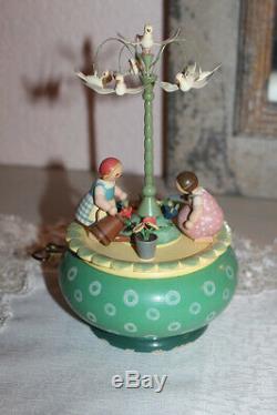 VINTAGE Wendt & Kuhn Music Box Girls by flowerbed with birds wooden
