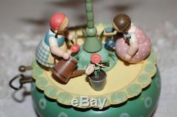 VINTAGE Wendt & Kuhn Music Box Girls by flowerbed with birds wooden