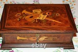 VINT 1960-70s REUGE SWISS MUSIC BOX 72 / 3 INLAID MARQUETRY BURL WALNUT ITALY
