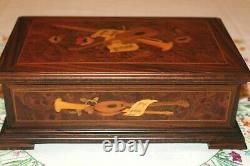 VINT 1960-70s REUGE SWISS MUSIC BOX 72 / 3 INLAID MARQUETRY BURL WALNUT ITALY