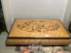 VTG Inlaid Flowers Wooden Music/Jewelry Box With Key By REUGE