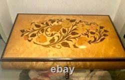 VTG Inlaid Flowers Wooden Music/Jewelry Box With Key By REUGE