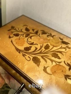 VTG Inlaid Flowers Wooden Music/Jewelry Box With Key By REUGE