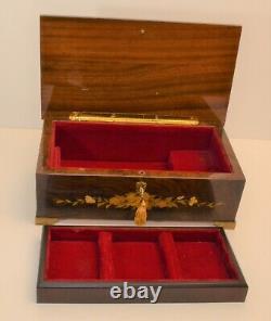VTG Large inlaid Jewelry Music Box w removable tray Italy Reuge Movement & lock