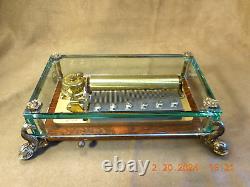 VTG REUGE 72 NOTE BRONZE DOLPHIN FOOTED CRYSTAL BOX With ROSEWOOD BASE (SEE VIDEO)