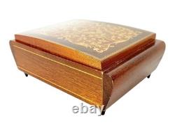 VTG Reuge Fascination Wood Inlaid Music Jewelry Box Velvet Lined Italy 7x4.5