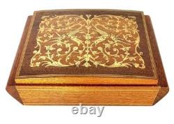 VTG Reuge Fascination Wood Inlaid Music Jewelry Box Velvet Lined Italy 7x4.5
