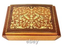 VTG Reuge Fascination Wood Inlaid Music Jewelry Box Velvet Lined Italy 7x4.5