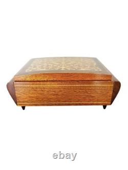 VTG Reuge Fascination Wood Inlaid Music Jewelry Box Velvet Lined Italy 7x4.5