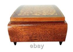 VTG Reuge Fascination Wood Inlaid Music Jewelry Box Velvet Lined Italy 7x4.5