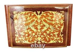 VTG Reuge Fascination Wood Inlaid Music Jewelry Box Velvet Lined Italy 7x4.5