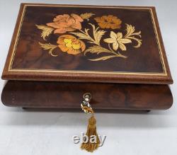 VTG Reuge Swiss Music Box Italy Inlaid Spanish Eyes Marquetry Jewelry Box Key