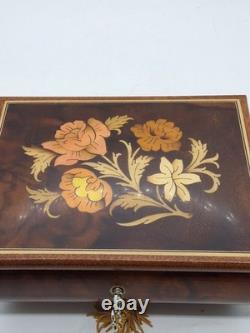VTG Reuge Swiss Music Box Italy Inlaid Spanish Eyes Marquetry Jewelry Box Key
