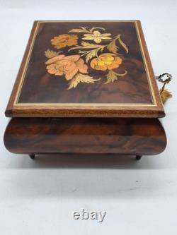 VTG Reuge Swiss Music Box Italy Inlaid Spanish Eyes Marquetry Jewelry Box Key