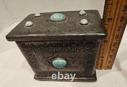 VTG Reuge Switzerland Metal Pewter Musical Box Cabochon Jeweled Arts and Crafts