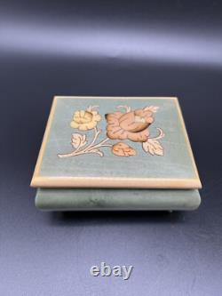 VTG Swiss Reuge Green Floral Wood Inlay Music Box Unchained Melody ITALY