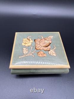 VTG Swiss Reuge Green Floral Wood Inlay Music Box Unchained Melody ITALY