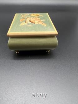 VTG Swiss Reuge Green Floral Wood Inlay Music Box Unchained Melody ITALY