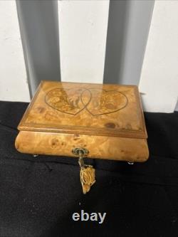 VTG wooden music&jewelry box, Italy, burlwood exterior. Red velvet Inside