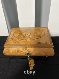 VTG wooden music&jewelry box, Italy, burlwood exterior. Red velvet Inside