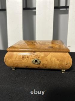 VTG wooden music&jewelry box, Italy, burlwood exterior. Red velvet Inside