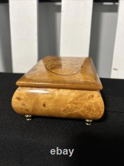 VTG wooden music&jewelry box, Italy, burlwood exterior. Red velvet Inside