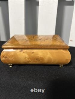 VTG wooden music&jewelry box, Italy, burlwood exterior. Red velvet Inside