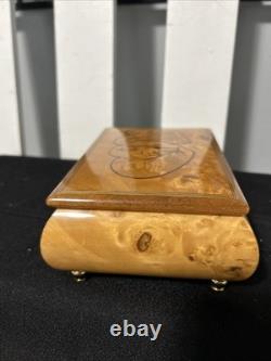 VTG wooden music&jewelry box, Italy, burlwood exterior. Red velvet Inside
