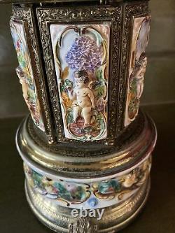 Vintage Capodimonte Porcelain Carousel Music Box Lipstick Holder Cherabs Reuge
